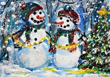 ACEO Original WINTER PAINTING Snowman Friends XMAS TREE Landscape Nature ATC ART
