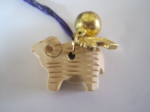 Miniature Wood Ram Ornament W/ Bell - Picture 2 of 3