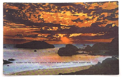 Sunset on the Pacific Linen Postcard E.C. Kropp M18 California Coast