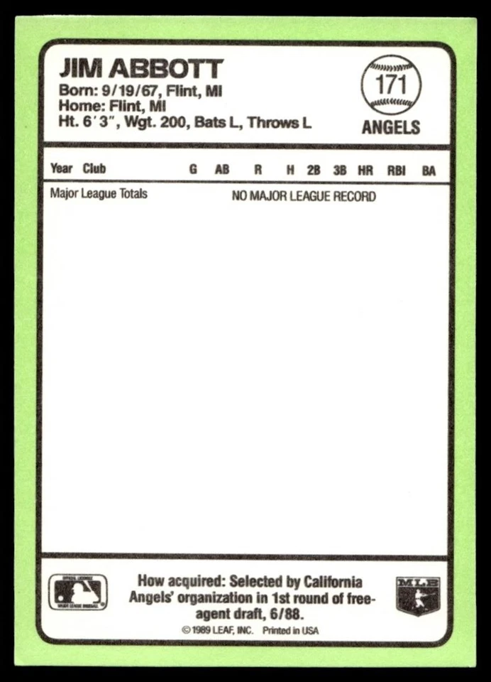 1989 Donruss Baseball's Best Jim Abbott California Angels #171 C23 - Image 2 of 2
