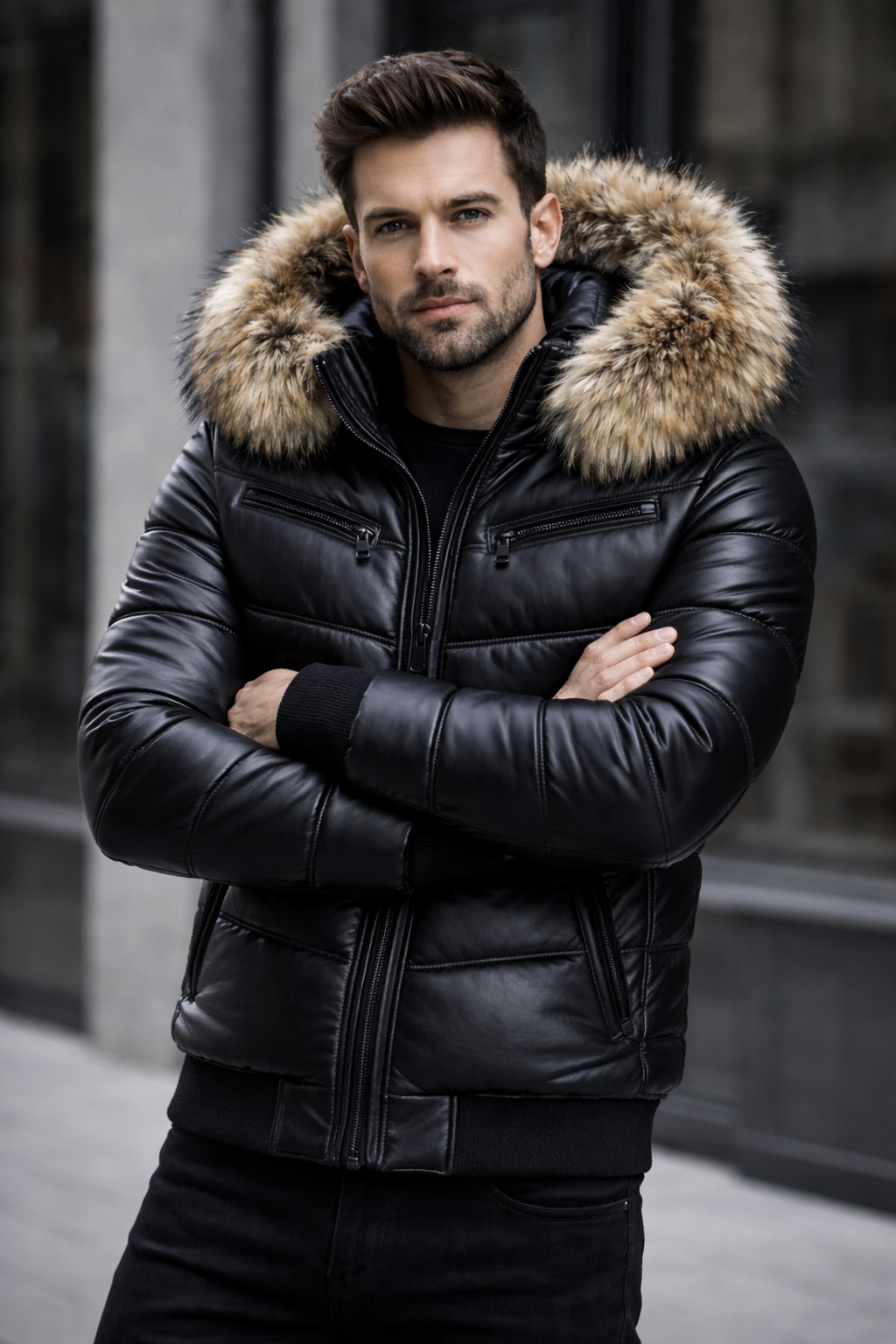 Giacca trapuntata da uomo in vera pelle di pecora | cappuccio in vera pelliccia di volpe | Luxury Premium W foto 6