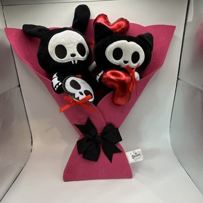 Skelanimals Cat Rabbit Plush Bouquet Stuffed Animal Black White Pink Red-Used