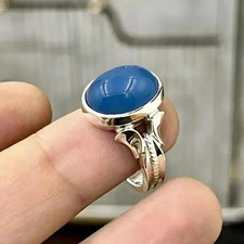 Natural Yemeni Blue Aqeeq Ring For Men, 925 Sterling Silver Agate Ring
