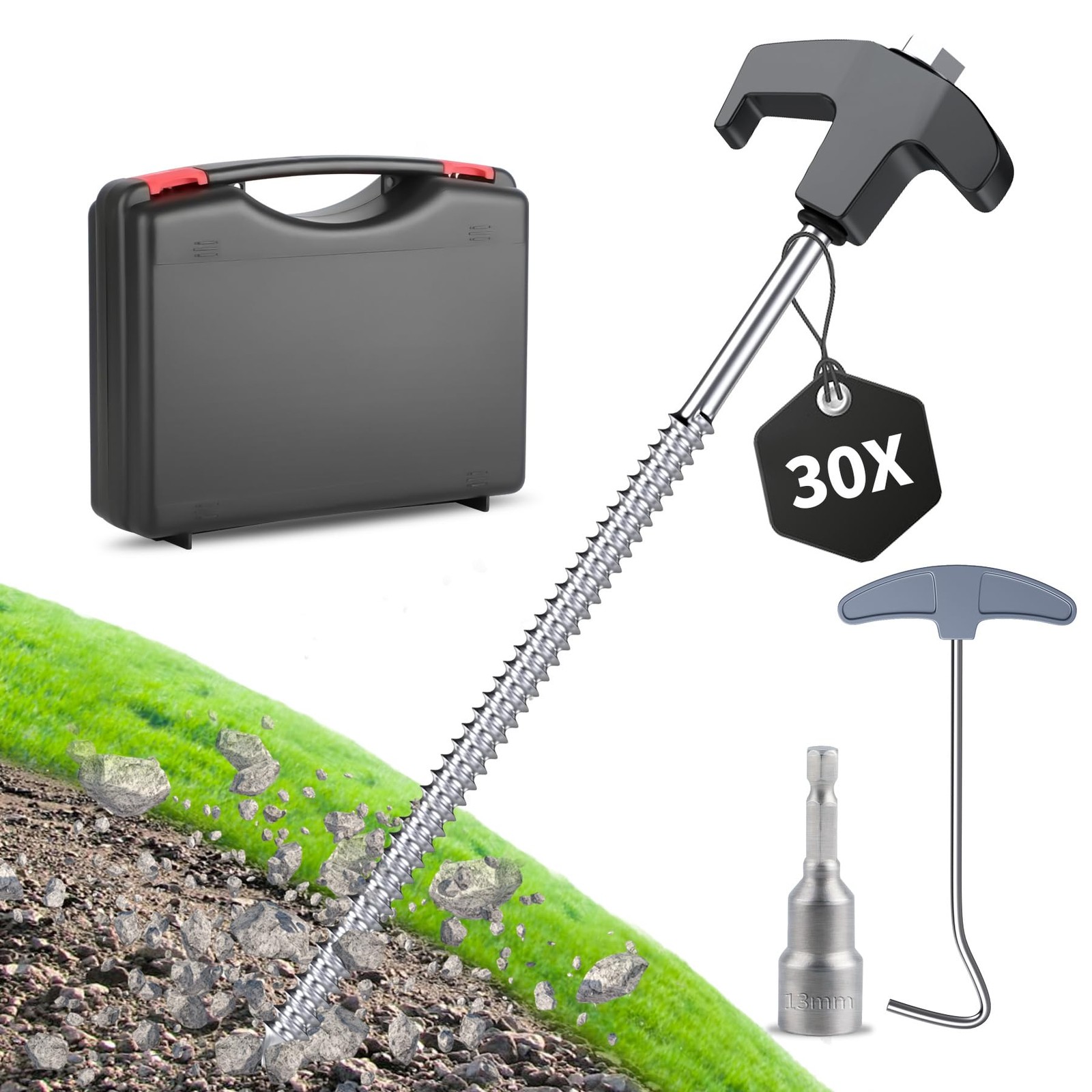 Piquets de tente en acier 25 cm haute résistance avec extracteur et foret de sol