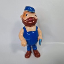 Vintage Japanese Mini Figure Workman Blue Overalls Retro Vinly Figurine Japan