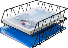 Desktop File Organizer Metal Stackable Letter Tray Paper Holder Rack, 2 Pack, Bl