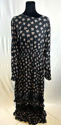 Lost Ink Black/White Floral V-Neck Long Sleeve Lace Ruffle Smocked Maxi 3XL