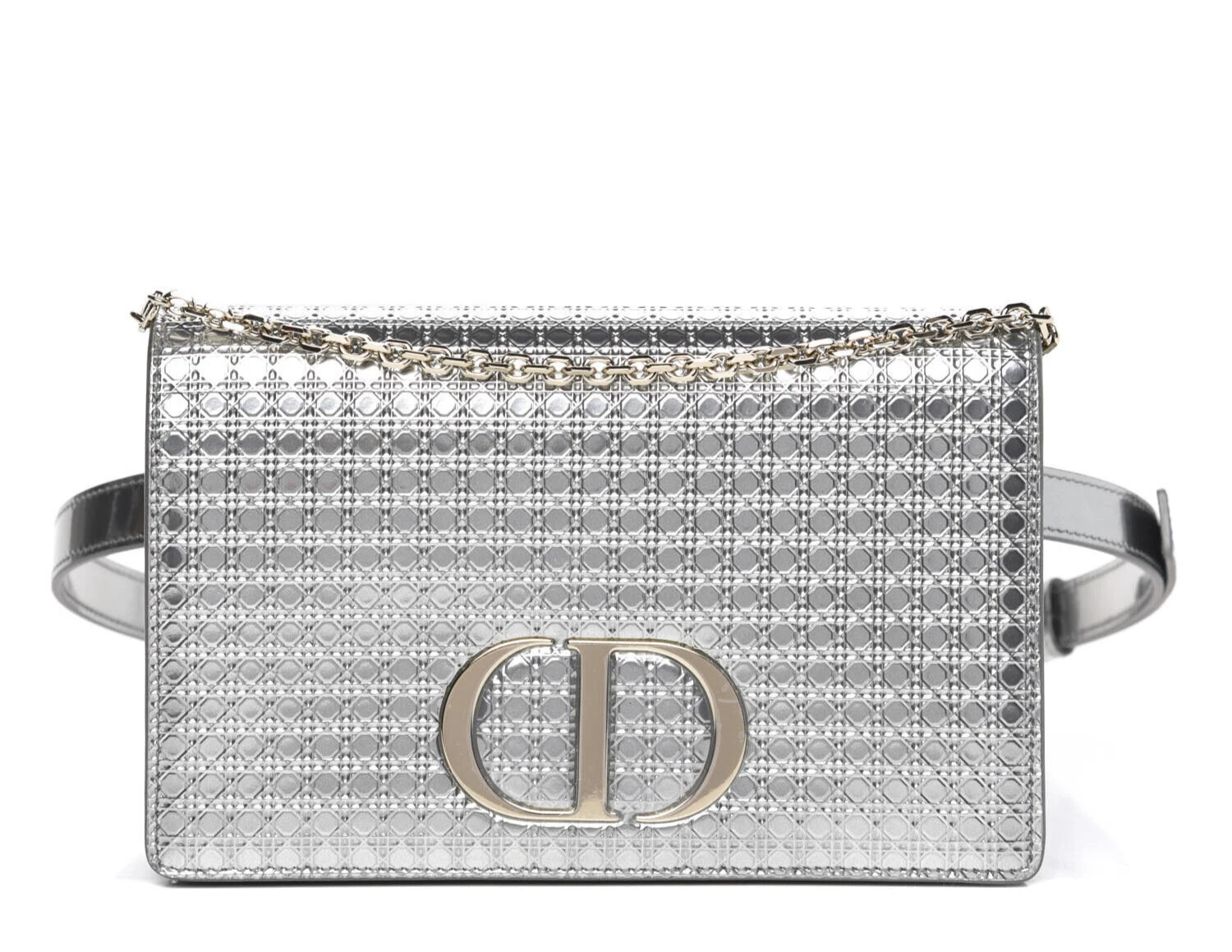 Dior  30 Sac Montaigne 2 en 1   Cuir micro cannage argenté   Ceinture + chaîne dorée