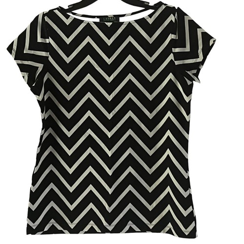 Lauren Ralph Lauren Black White Chevron Print Short Sleeve Top Blouse L Stretch