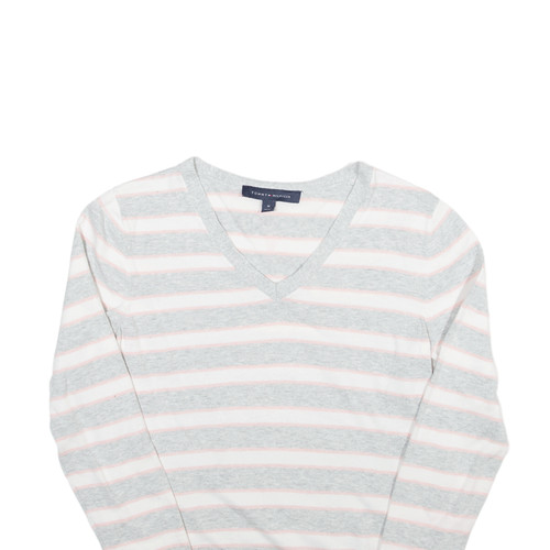 TOMMY HILFIGER Striped Sweatshirt Grey V-Neck Womens M - Picture 2 of 6