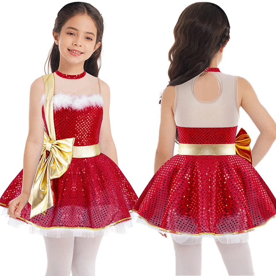 Kids Girl Miss Santa Claus Costume Christmas Sleeveless Skating Dance Tutu Dress - Image 4 of 4