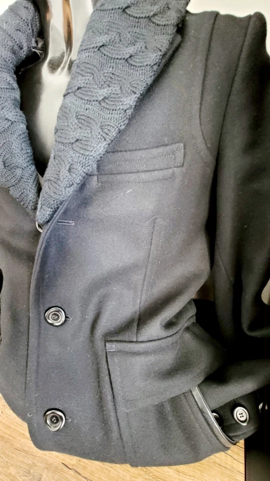 Mackage Wool Coat Men's 38 Black Lined Pockets Slim Fit Cable Knit Shawl Collar - Image 4 of 4