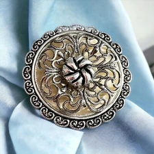 Vintage Signed Western Germany Scarf Clip Round Silver Tone Metal Filagree