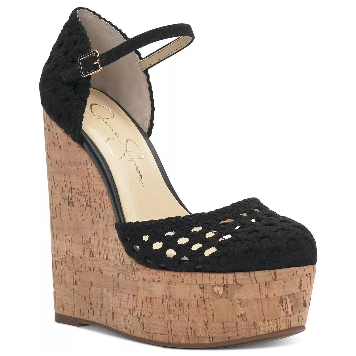 Jessica Simpson Women Cork Wedge Ankle Strap Sandals Marshela Size US 9M  Black