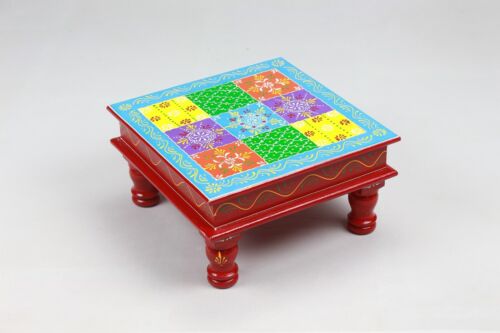 Red Wooden Stool with Vibrant Hand Painted Colorful Top Square Indien Decorative - Picture 3 of 6
