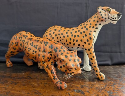Vintage 1970 Leather Wrapped Cheetah Leopard Sculpture African Animal Figure Art