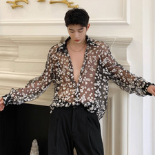 Mens Sheer Mesh Shirt Top Long Sleeve Floral Top Casual Loose Club Party Fashion
