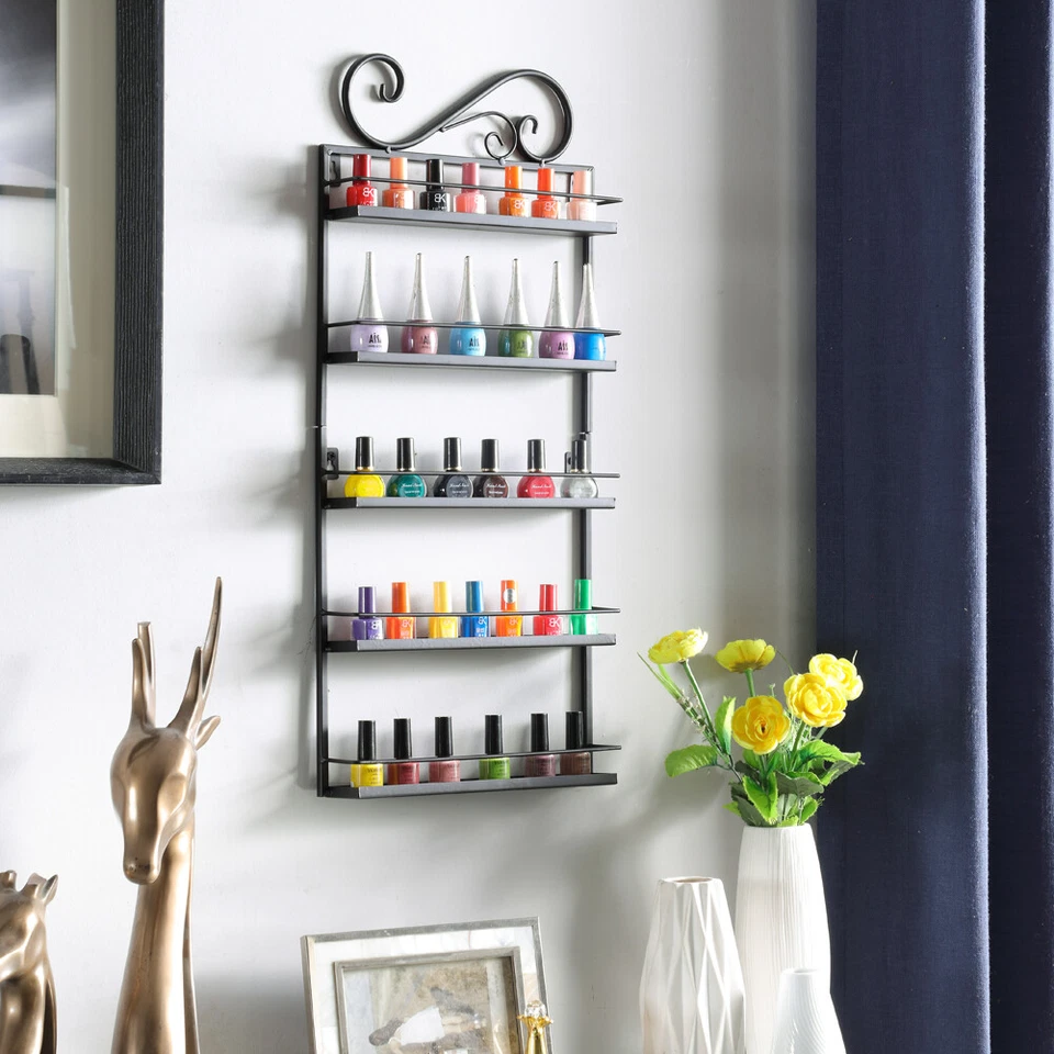 5 Tier Nail Polish Display Metal Rack Wall Mount Organizer Makeup Shelf Holder