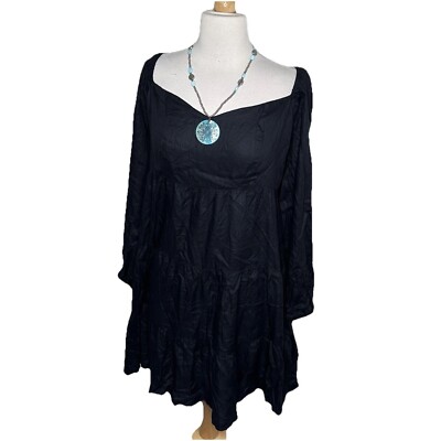 Beyond Words Women's L Black Boho Style Dress Long Sleeve Western Goth Baby Doll