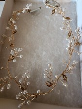 Bridal Hair Vine Garland White Pearls And Gold Tone Vine 15"