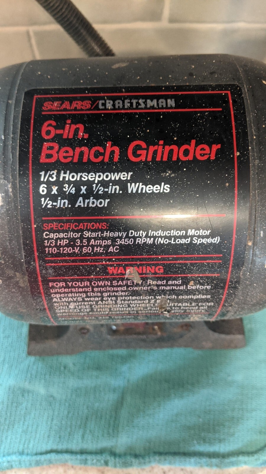 Sears Craftsman 6" Bench Grinder, Model 319.190400, 3450rpm, 1/3 HP