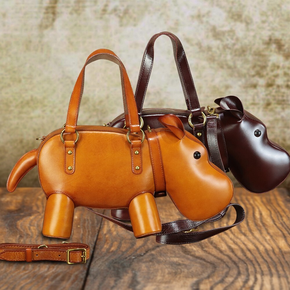 Genuine Leather Purses and Handbags for Women Hippo Shape Shoulder Bag Crossbody