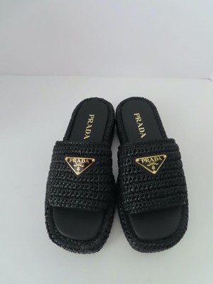 NWOB PRADA Black Raffia Crochet Flatform Slides EUR 37 $1,150