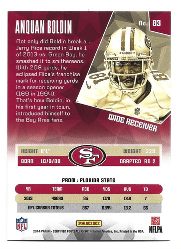 /100 Hot Box Blue Camo 2014 Panini Absolute Anquan Boldin 83 San Francisco 49ers - Picture 2 of 2