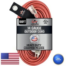 100 Ft - 14 Gauge Extension Cord Outdoor - Made In Usa - Lighted On Both Ends