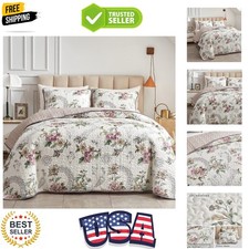 3 Pieces Quilt Set King Size, Beige Floral Reversible Bedspread Coverlet Set,...