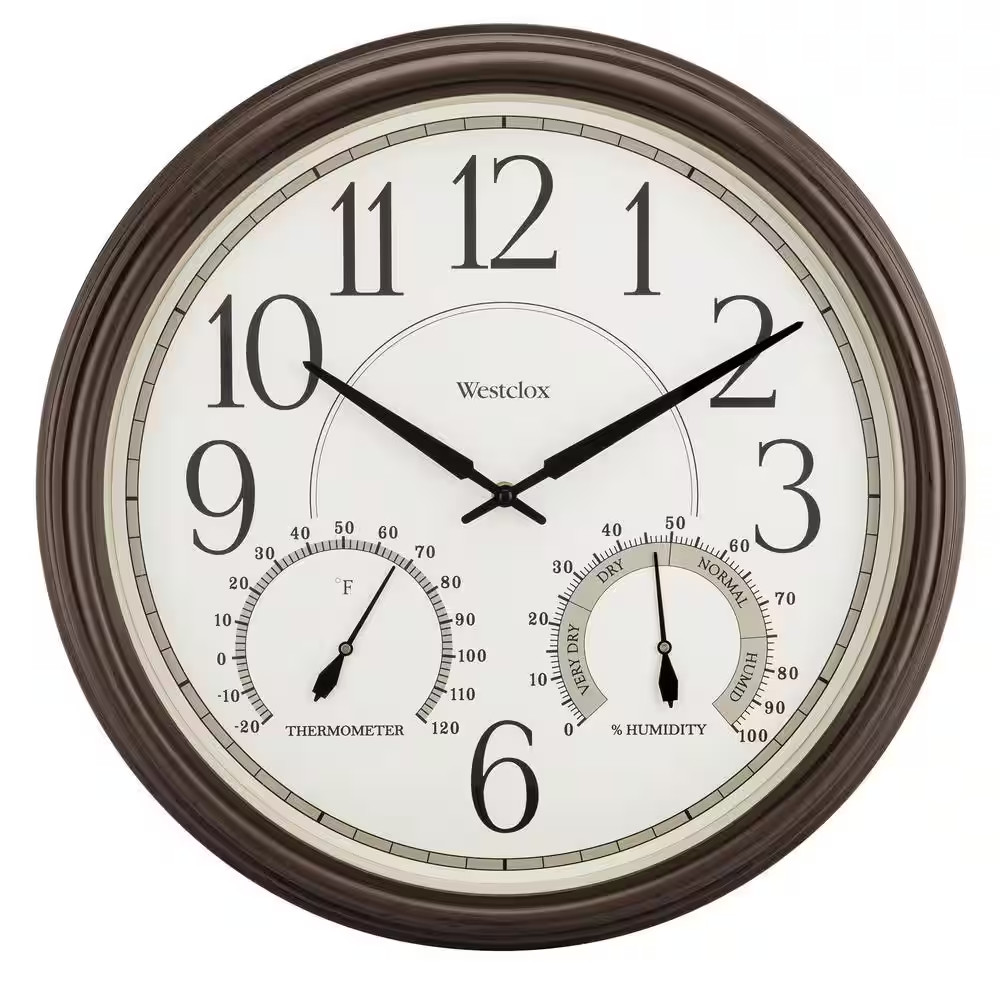 Westclox Wall Clock 20 Inch Outdoor Indoor Thermometer Hygrometer Bronze
