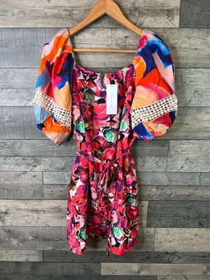 French Connection Minikleid Puffärmel Größe L Rosa Kontrastmuster