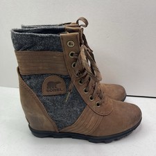 Sorel Lexie Boots Women's 11 Brown Gray Leather Hidden Wedge Lace Up Lug Booties