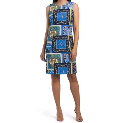 J. McLaughlin Belinda Shift Dress In Heraldic Patchwork Blue Multi Size 6 NEW