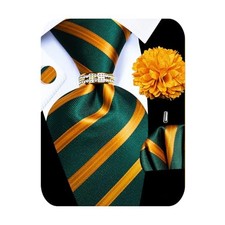 5PCS Mens Silk Designer Tie, Pocket Square, Gold Green Striped Tie Set -386 7
