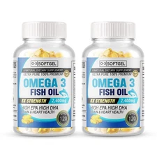 Omega 3 Fish Oil Softgels 3x Strength 2400mg EPA & DHA, Highest Potency 2 Bottle