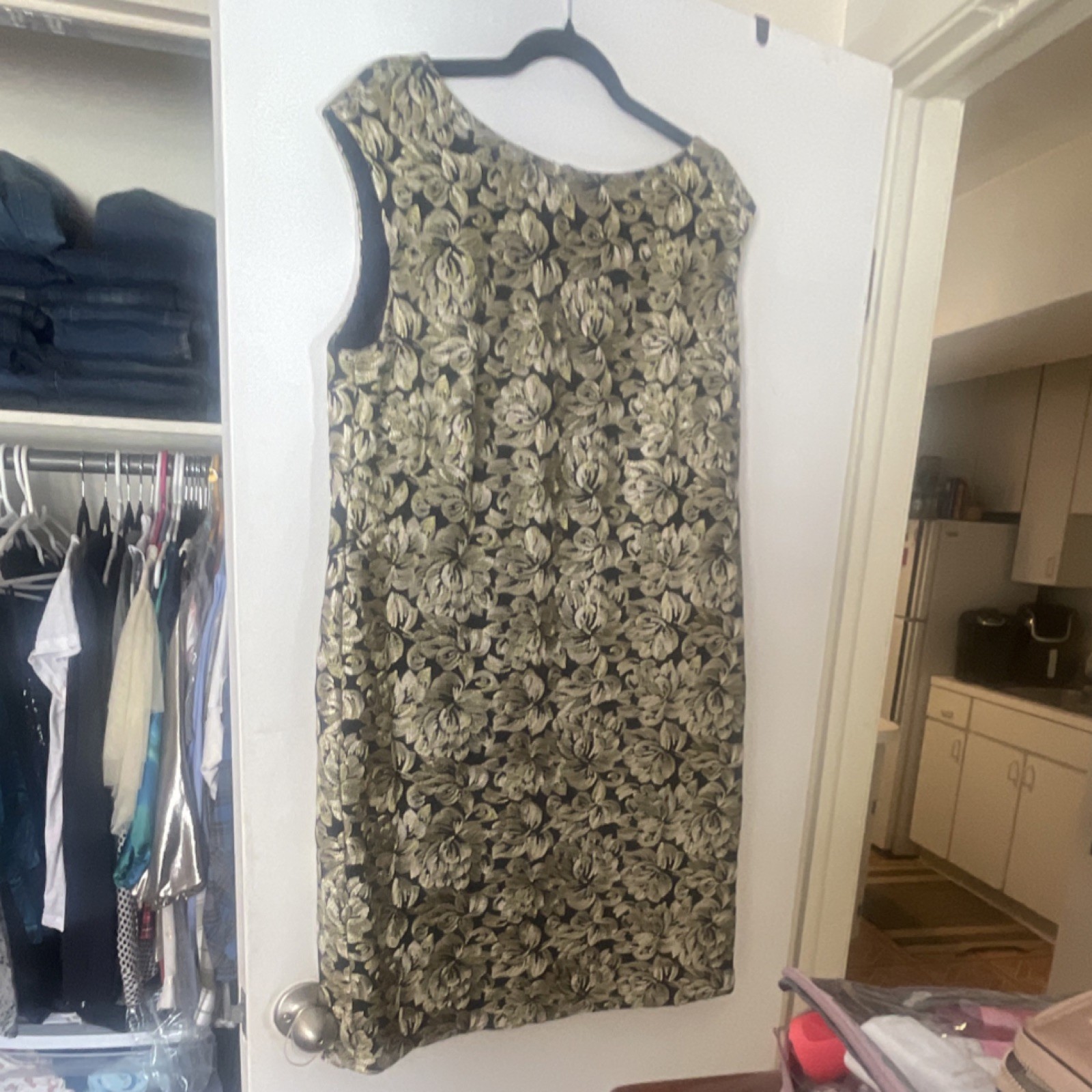 Gold Black Floral Sheath Dress Sleeveless Boat Neck Knee Len