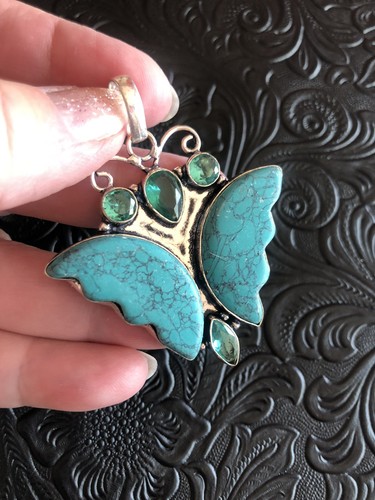 Artisan Blue Green Mosaic Garden Jasper Butterfly Hand Carved Pendant 2"