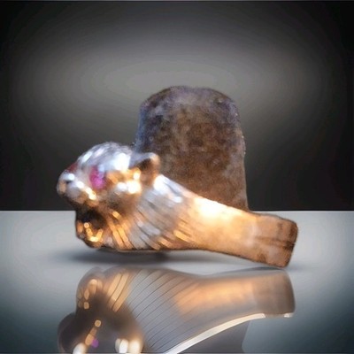 Herren Sterling Silber Tigerkopf Ring 2 Rubin Augen & gelber Saphir im Mund