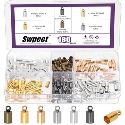 Swpeet 180Pcs 6 Color 4×9mm Brass Cord End Cap with Loop Ring Kit, 4x9mm