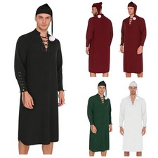 DE Herren Schlafanzug Langarm Nachthemd mit Schlafmütze Schnürung Schlafkleid 