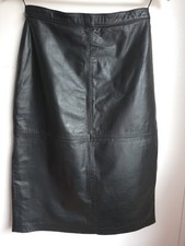 Vintage Black Panelled Leather Mid Length Skirt with Kick Spilt Size 10
