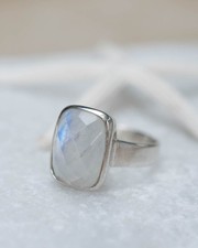 Natural Rainbow Moonstone Ring Handmade 925 Sterling Silver Faceted Jewelry