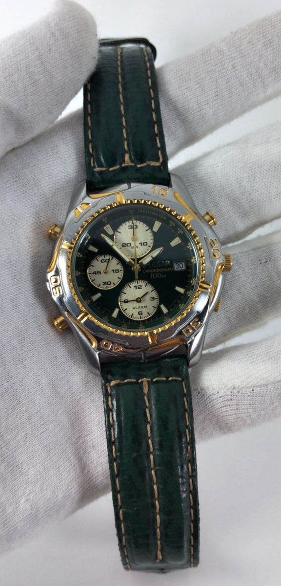 Pulsar by Seiko Y182 Chronograph Alarm Green Dial Two-Tone 100M