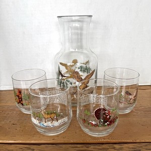 VTG Sunoco N American Wildlife Collectible Glasses, 4 Total Plus Large Decanter