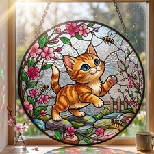 Cat Stained Glass Suncatcher: Floral Spring Kitten Window Hanging, Cat Lover Gif