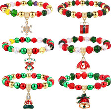 6 Pack Christmas Beaded Bracelet Set Snowflake Jingle Bell Charm Bracelet Xmas H