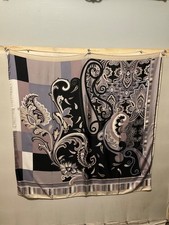 Silk Paisley Square Scarf Gray Beige Black 34  square for Women.  D3