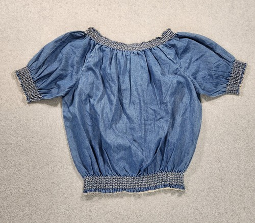 Camicetta donna vintage nuova con etichette sbiadita gloria smocked ricamata taglia S blu orlo a fascia - Foto 6 di 16