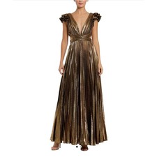 IEENA for Mac Duggal Bronze Gold Metallic Pleated Lace Up Back Gown Dress 4 NWT